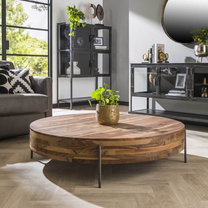 Table basse ronde industrielle en noyer massif naturel Dalton